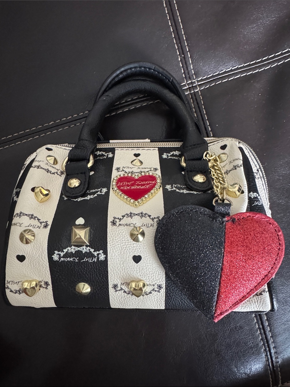 Betsy Johnson mini Black & White Stripe barrel bag with Red Heart Accent